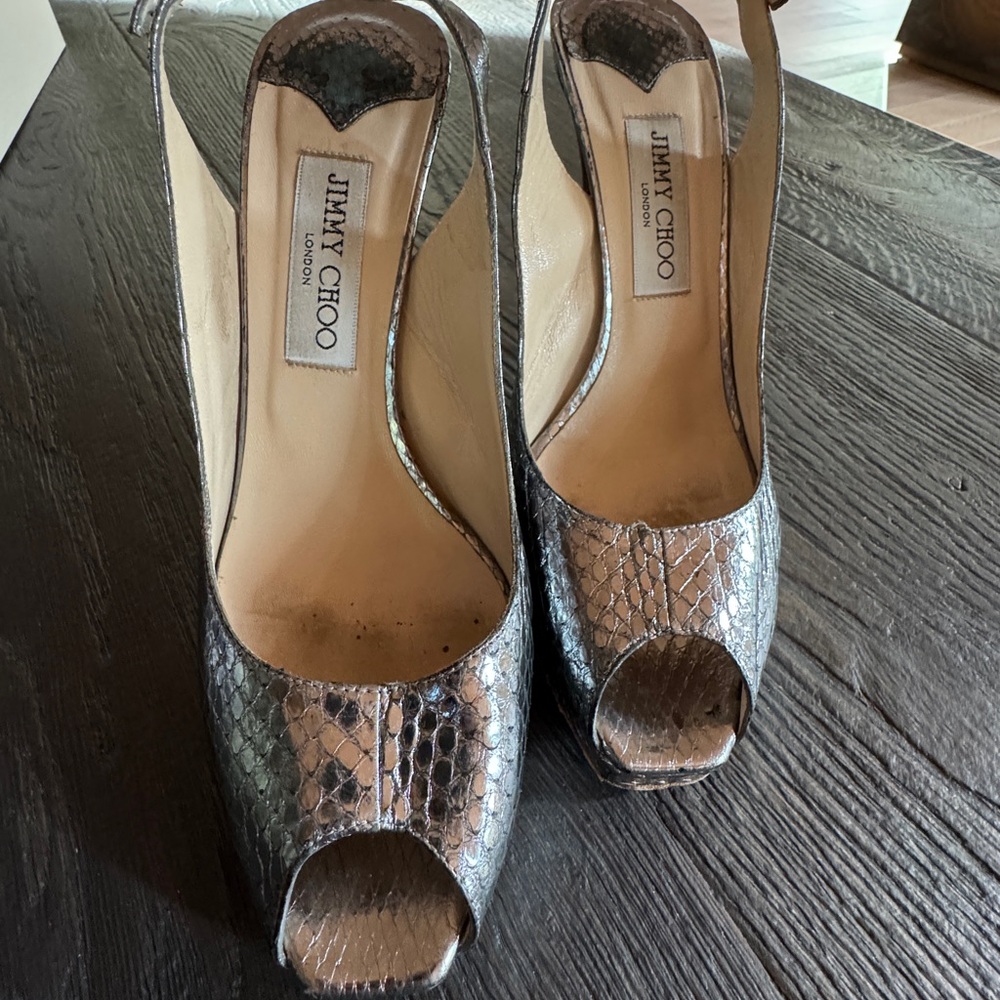 Jimmy Choo Silver Snakeskin Peep-Toe Heels